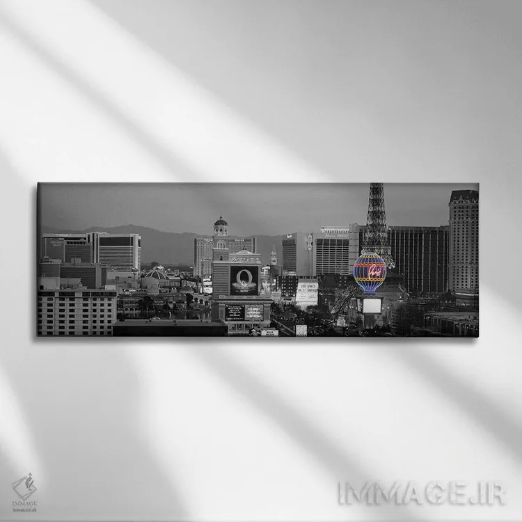 تابلو منظره پانورامای افق شب لاسوگاس با رنگ تقویتی اثر هنرمند ناشناس - نمای روبهرو روی دیوار