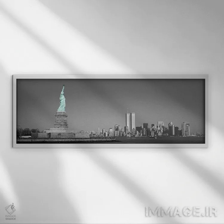 تابلو منظره پانورامای افق نیویورک با رنگ تقویتی ۲ اثر هنرمند ناشناس - نمای قابدار سفید