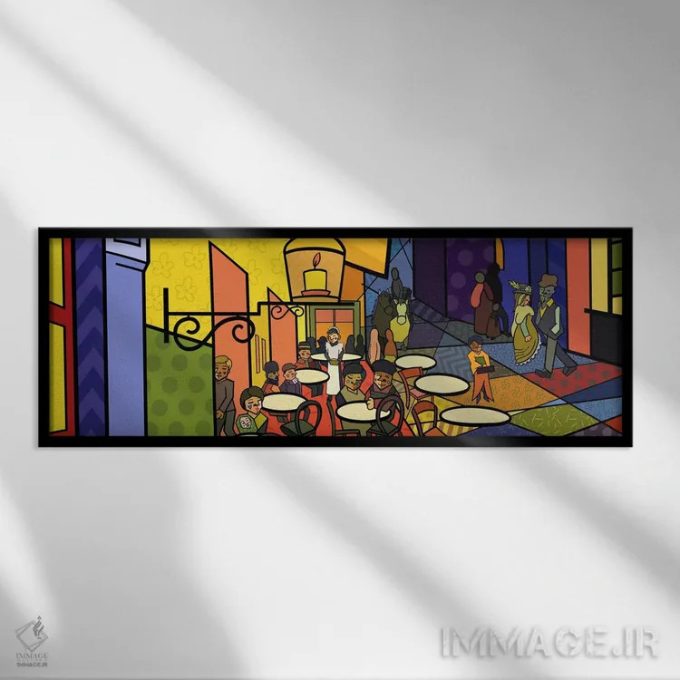 تابلو تراس کافه در میدان دو فروم ۲ (برداشت از ونگوگ) اثر فایو بای فایو کالکتیو - نمای قابدار مشکی