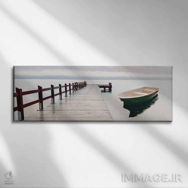 تابلو قایق سبز نزدیک اسکله چوبی اثر ایوجنیا بیدیوک - نمای روبهرو روی دیوار