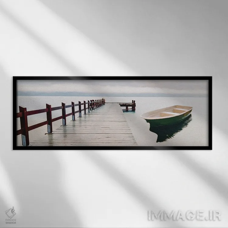 تابلو قایق سبز نزدیک اسکله چوبی اثر ایوجنیا بیدیوک - نمای قابدار مشکی