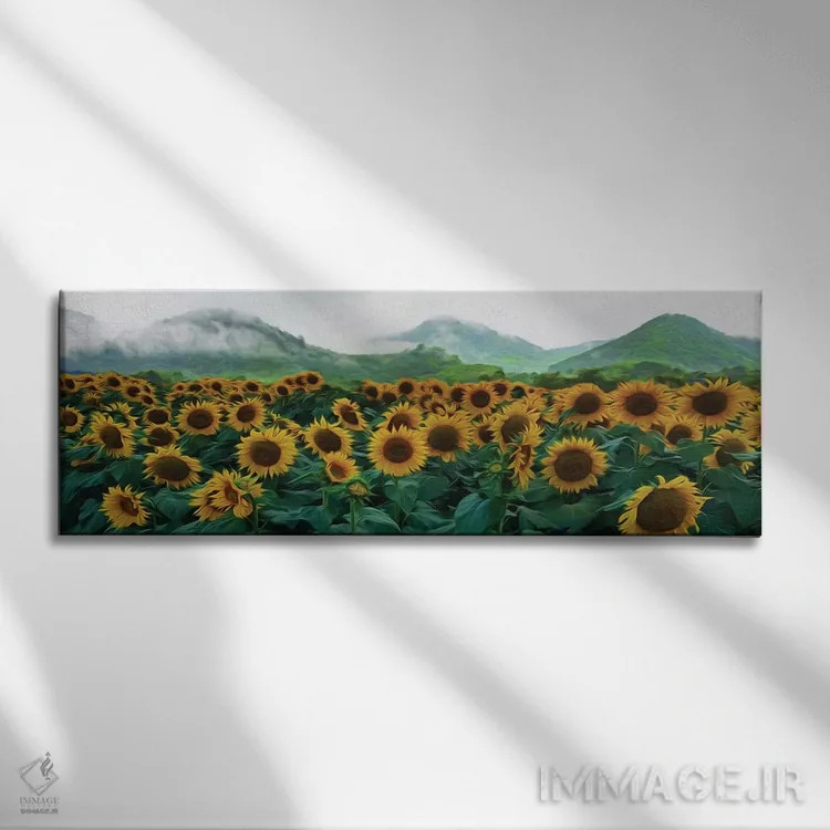 تابلو مزرعهٔ آفتابگردان بر پسزمینهٔ تپههای کوهستانی اثر ایوجنیا بیدیوک - نمای روبهرو روی دیوار
