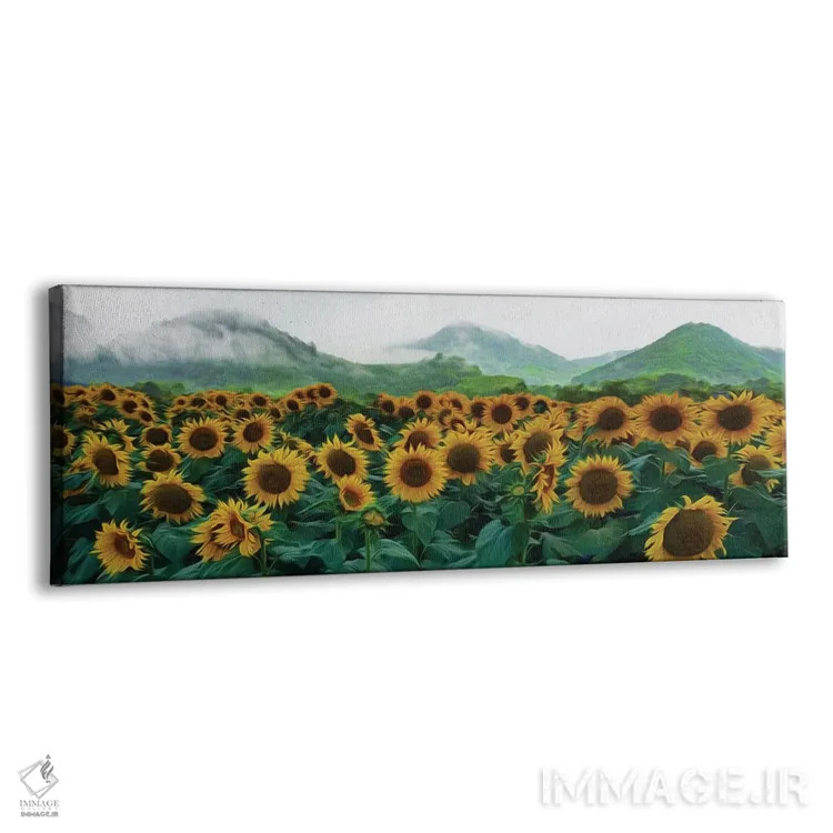 تابلو مزرعهٔ آفتابگردان بر پسزمینهٔ تپههای کوهستانی اثر ایوجنیا بیدیوک - نمای پرسپکتیو محصول