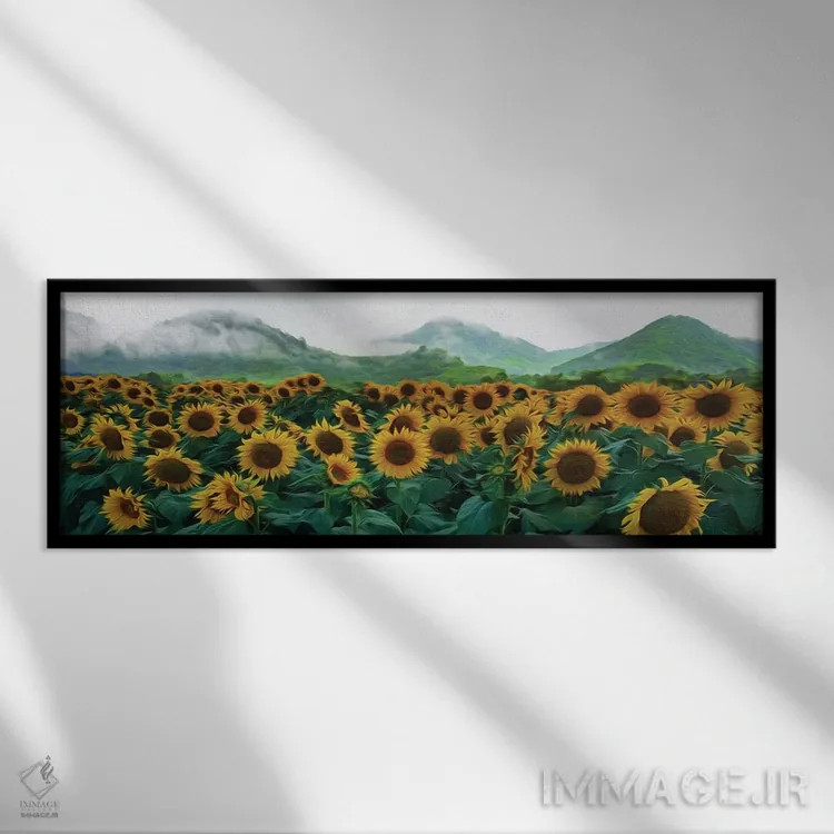 تابلو مزرعهٔ آفتابگردان بر پسزمینهٔ تپههای کوهستانی اثر ایوجنیا بیدیوک - نمای قابدار مشکی