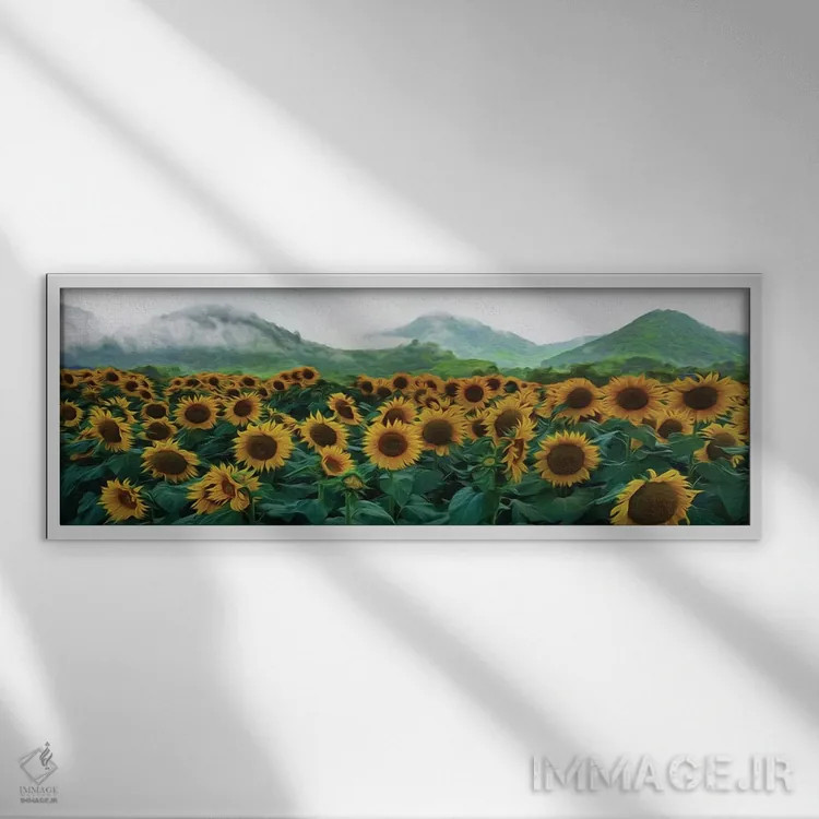 تابلو مزرعهٔ آفتابگردان بر پسزمینهٔ تپههای کوهستانی اثر ایوجنیا بیدیوک - نمای قابدار سفید