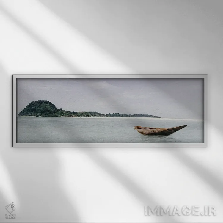 تابلو قایق چوبی در اقیانوس اثر ایوجنیا بیدیوک - نمای قابدار سفید