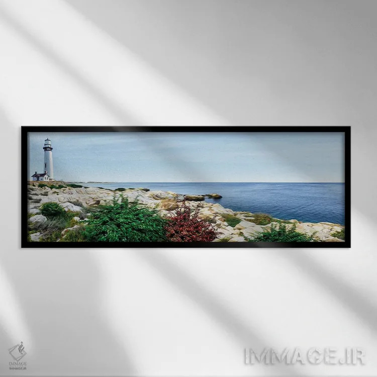 تابلو ساحل صخرهای بر پسزمینهٔ فانوس دریایی اثر ایوجنیا بیدیوک - نمای قابدار مشکی