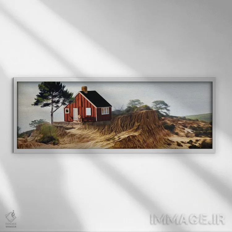 تابلو خانهای بر تپه نزدیک دریا اثر ایوجنیا بیدیوک - نمای قابدار سفید