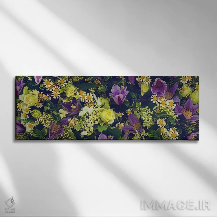 تابلو پسزمینهای از گلهای مروارید، رز زرد، یاس بنفش و یاس سفید اثر ایوجنیا بیدیوک - نمای روبهرو روی دیوار