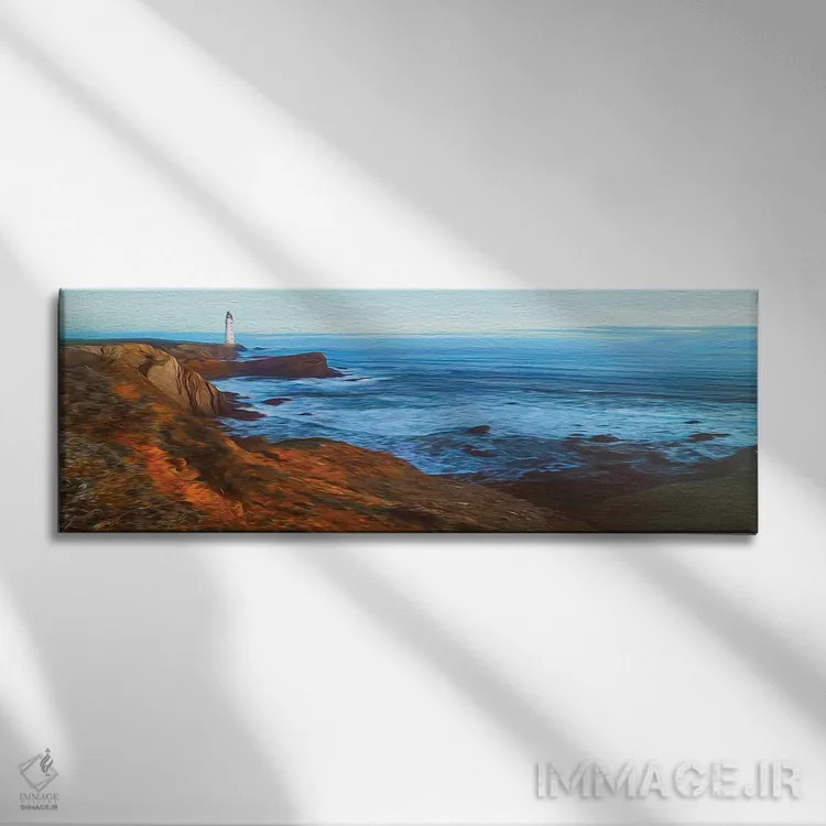 تابلو فانوس دریایی بر ساحل صخرهای اقیانوس اثر ایوجنیا بیدیوک - نمای روبهرو روی دیوار