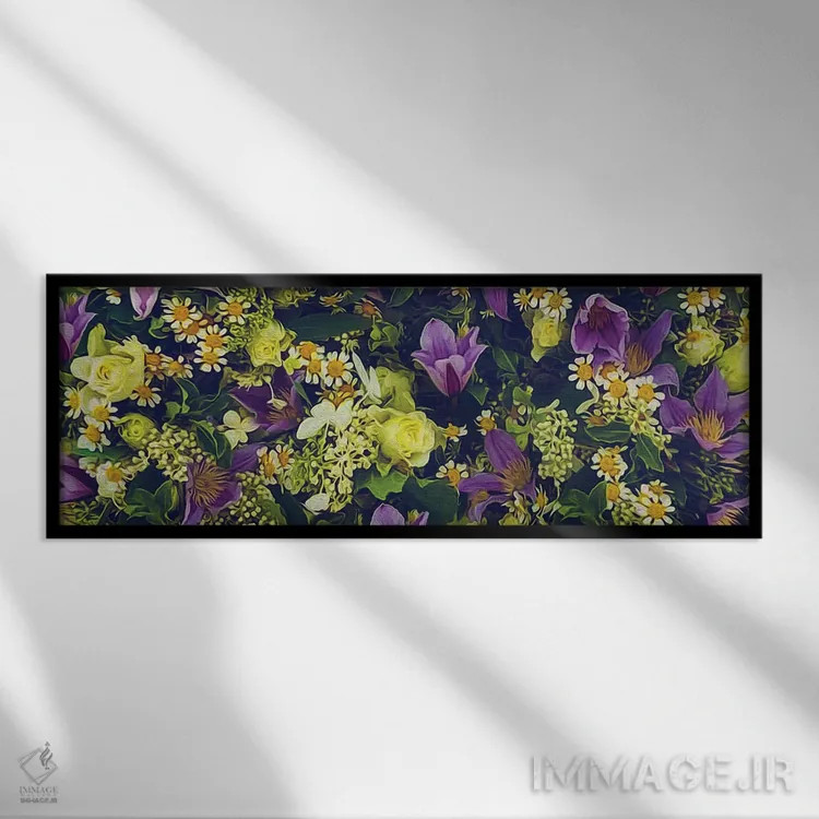 تابلو پسزمینهای از گلهای مروارید، رز زرد، یاس بنفش و یاس سفید اثر ایوجنیا بیدیوک - نمای قابدار مشکی