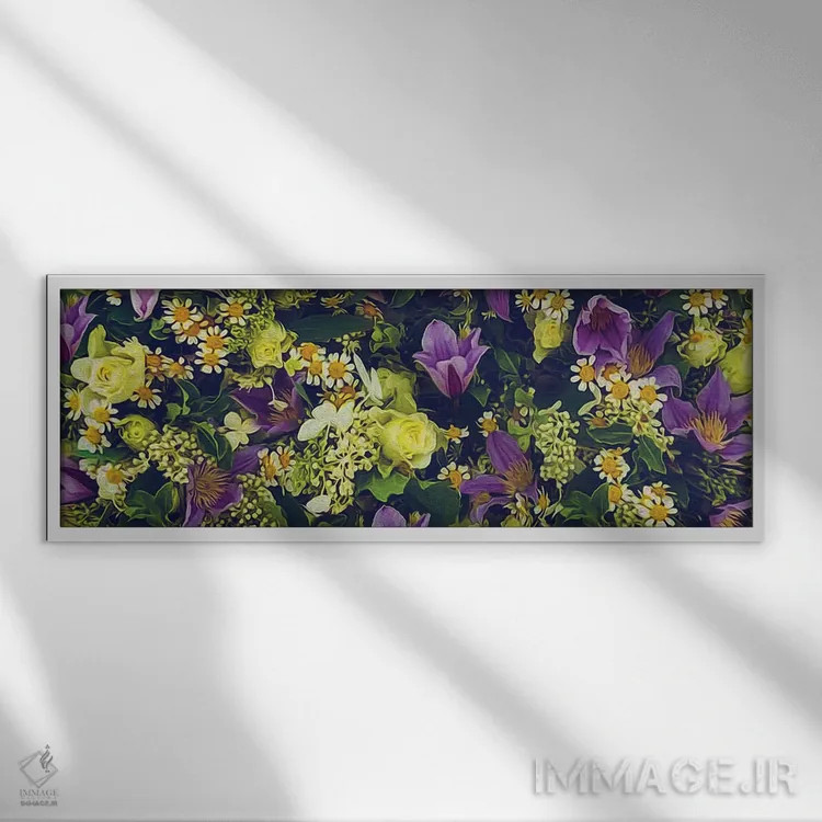 تابلو پسزمینهای از گلهای مروارید، رز زرد، یاس بنفش و یاس سفید اثر ایوجنیا بیدیوک - نمای قابدار سفید