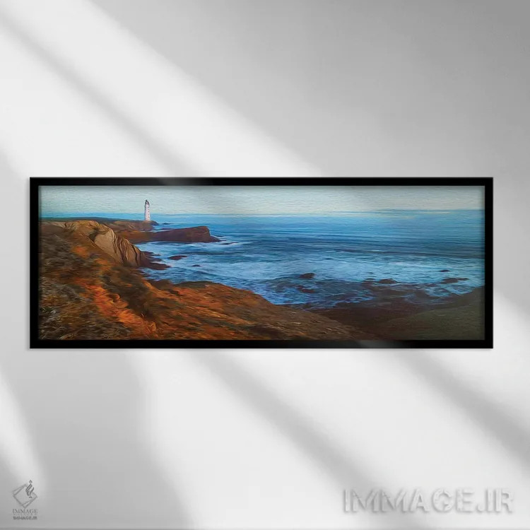 تابلو فانوس دریایی بر ساحل صخرهای اقیانوس اثر ایوجنیا بیدیوک - نمای قابدار مشکی