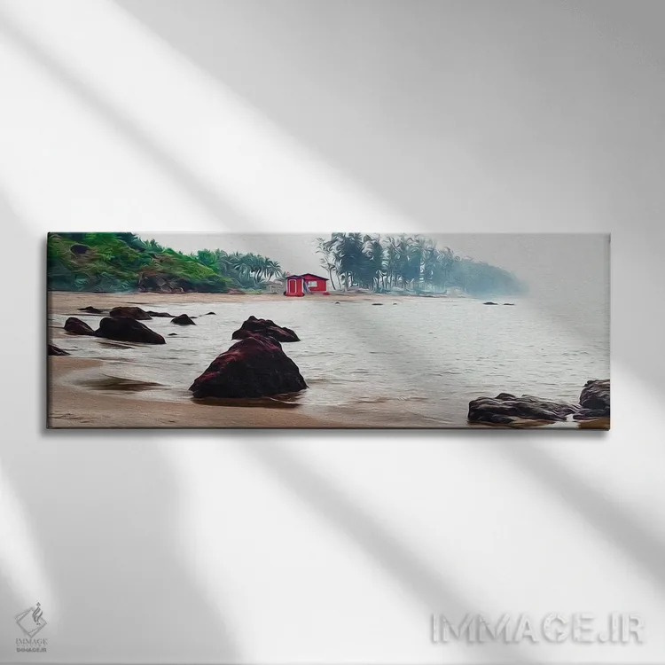 تابلو خانهٔ قرمز بر ساحل کنار دریا اثر ایوجنیا بیدیوک - نمای روبهرو روی دیوار