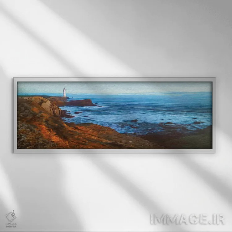 تابلو فانوس دریایی بر ساحل صخرهای اقیانوس اثر ایوجنیا بیدیوک - نمای قابدار سفید