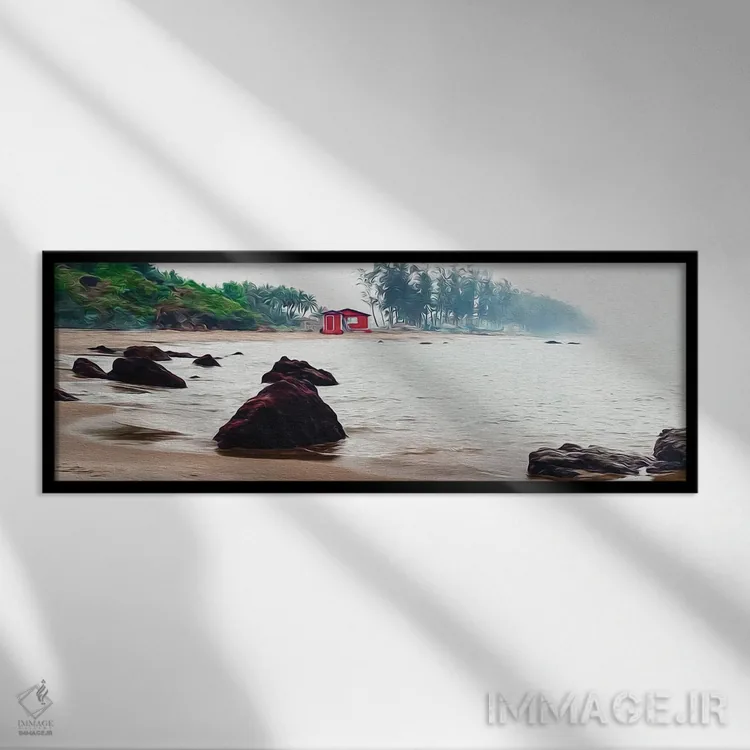 تابلو خانهٔ قرمز بر ساحل کنار دریا اثر ایوجنیا بیدیوک - نمای قابدار مشکی