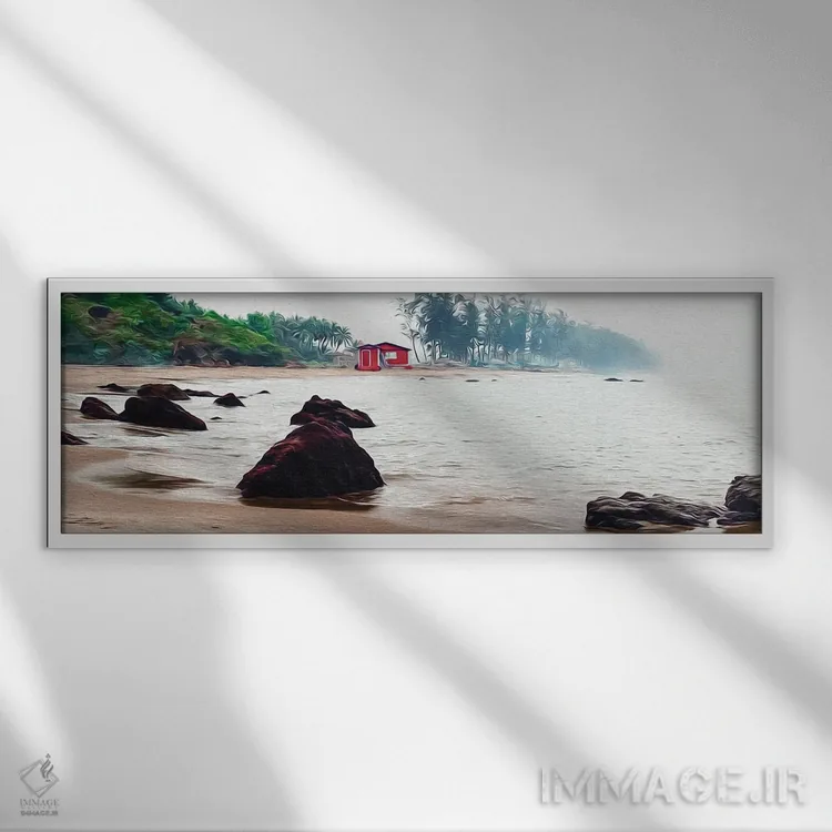 تابلو خانهٔ قرمز بر ساحل کنار دریا اثر ایوجنیا بیدیوک - نمای قابدار سفید