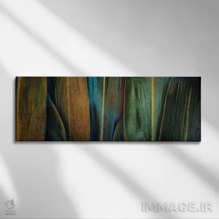 تابلو Blue, Green, Brown Colors,پسزمینهای از برگهای گرمسیری با رنگهای زرد، آبی، سبز و قهوهای اثر ایوجنیا بیدیوک - نمای روبهرو روی دیوار