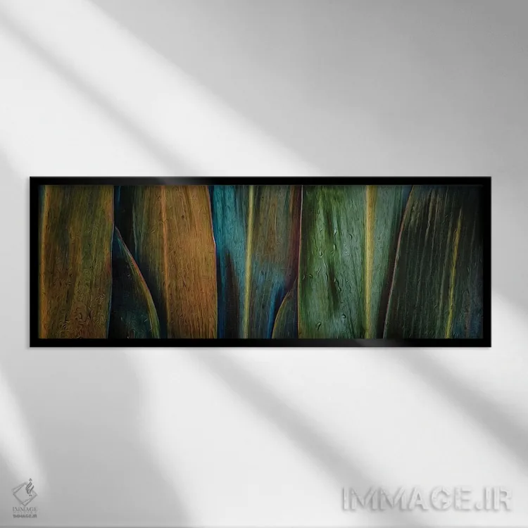 تابلو Blue, Green, Brown Colors,پسزمینهای از برگهای گرمسیری با رنگهای زرد، آبی، سبز و قهوهای اثر ایوجنیا بیدیوک - نمای قابدار مشکی