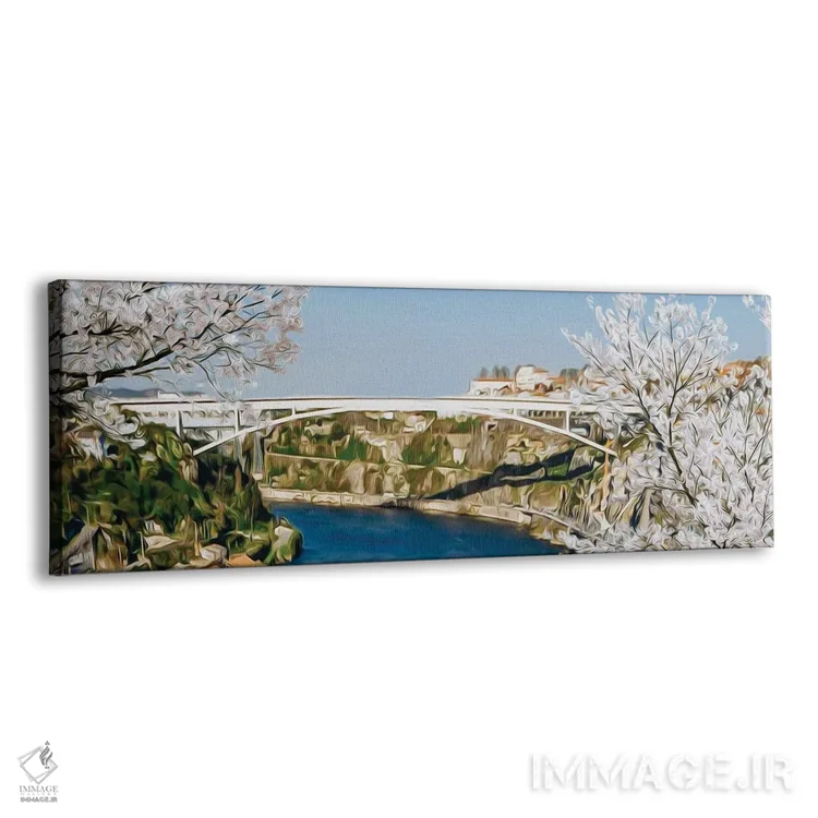 تابلو درختان شکوفه گیلاس با پسزمینه پل سفید اثر ایوجنیا بیدیوک - نمای پرسپکتیو محصول
