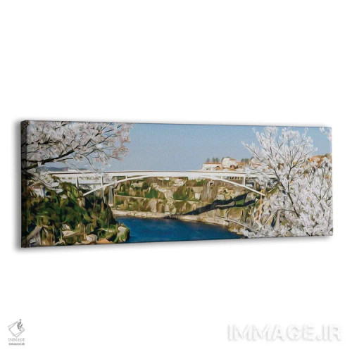 تابلو درختان شکوفه گیلاس با پسزمینه پل سفید اثر ایوجنیا بیدیوک - نمای پرسپکتیو محصول