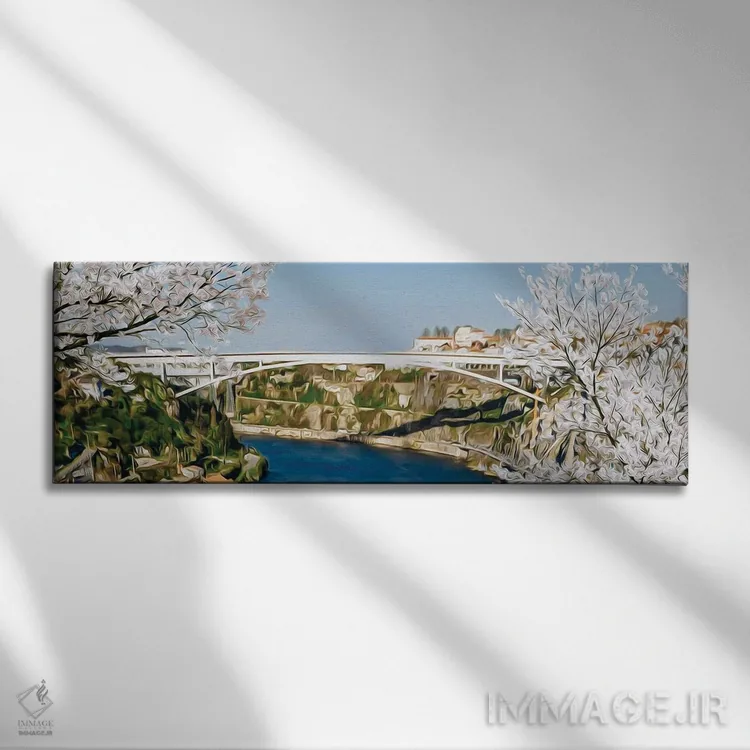 تابلو درختان شکوفه گیلاس با پسزمینه پل سفید اثر ایوجنیا بیدیوک - نمای روبهرو روی دیوار
