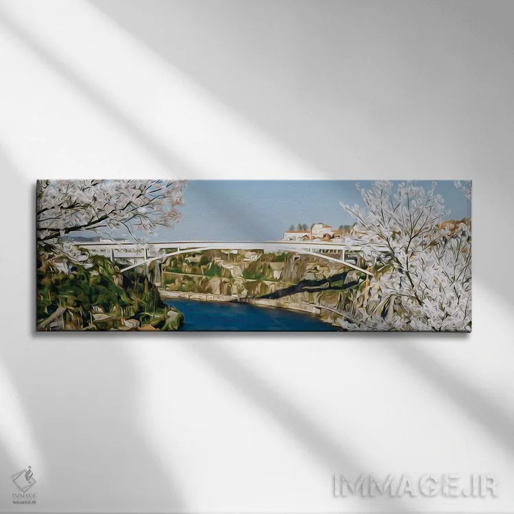 تابلو درختان شکوفه گیلاس با پسزمینه پل سفید اثر ایوجنیا بیدیوک - نمای روبهرو روی دیوار