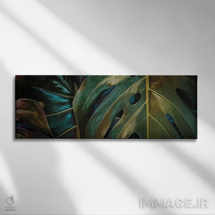 تابلو پسزمینه برگهای مانسترا اثر ایوجنیا بیدیوک - نمای روبهرو روی دیوار