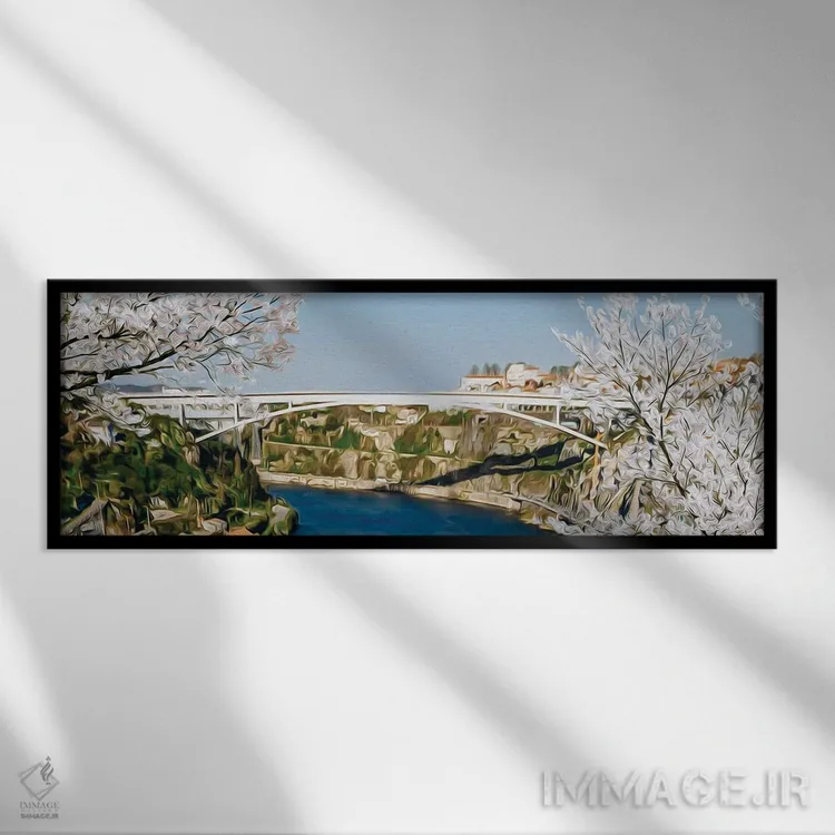 تابلو درختان شکوفه گیلاس با پسزمینه پل سفید اثر ایوجنیا بیدیوک - نمای قابدار مشکی