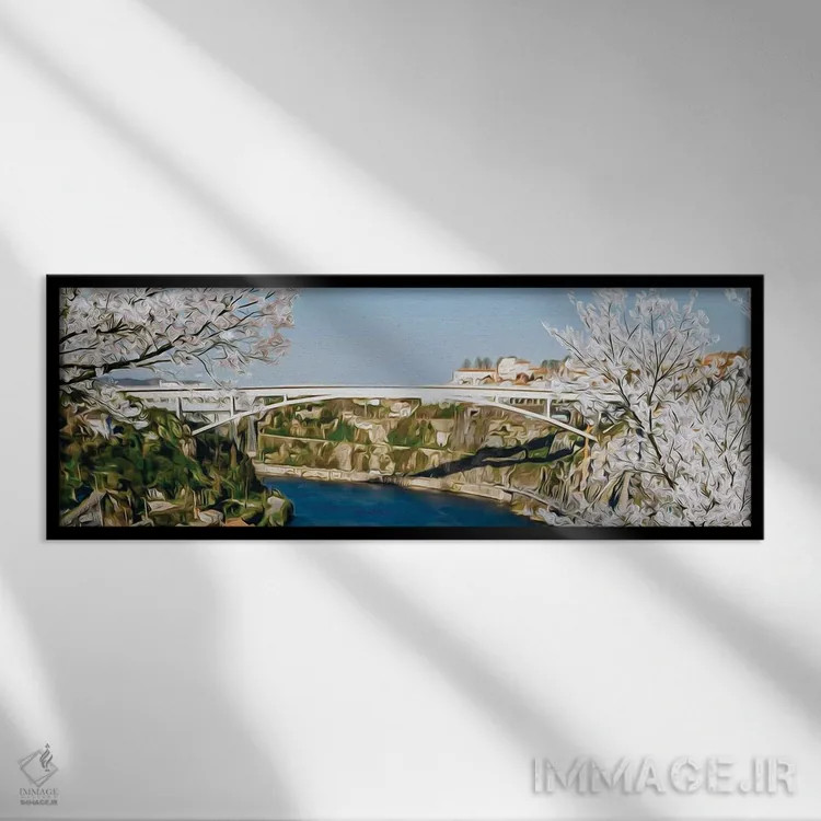 تابلو درختان شکوفه گیلاس با پسزمینه پل سفید اثر ایوجنیا بیدیوک - نمای قابدار مشکی