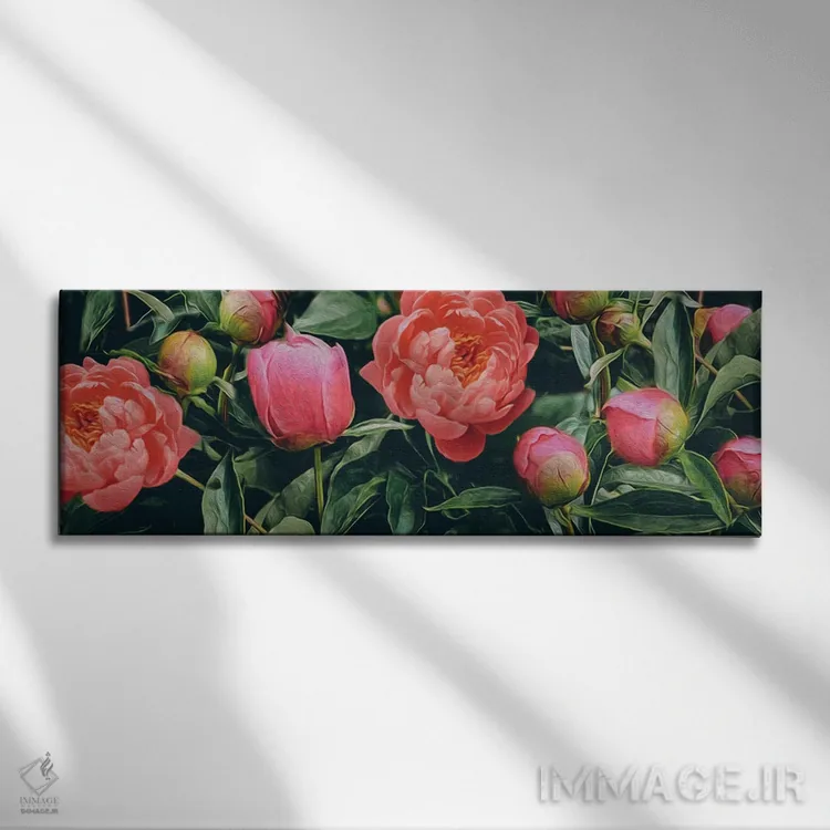 تابلو پسزمینه افقی از گلهای صدتومانی شکوفا اثر ایوجنیا بیدیوک - نمای روبهرو روی دیوار