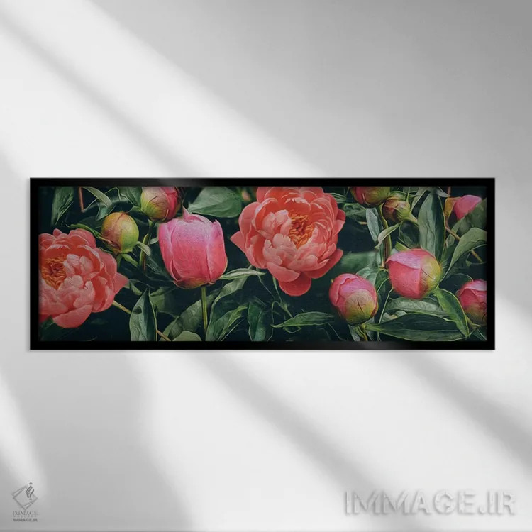 تابلو پسزمینه افقی از گلهای صدتومانی شکوفا اثر ایوجنیا بیدیوک - نمای قابدار مشکی
