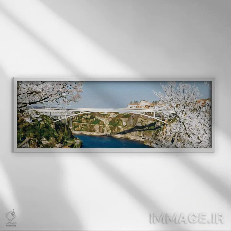 تابلو درختان شکوفه گیلاس با پسزمینه پل سفید اثر ایوجنیا بیدیوک - نمای قابدار سفید