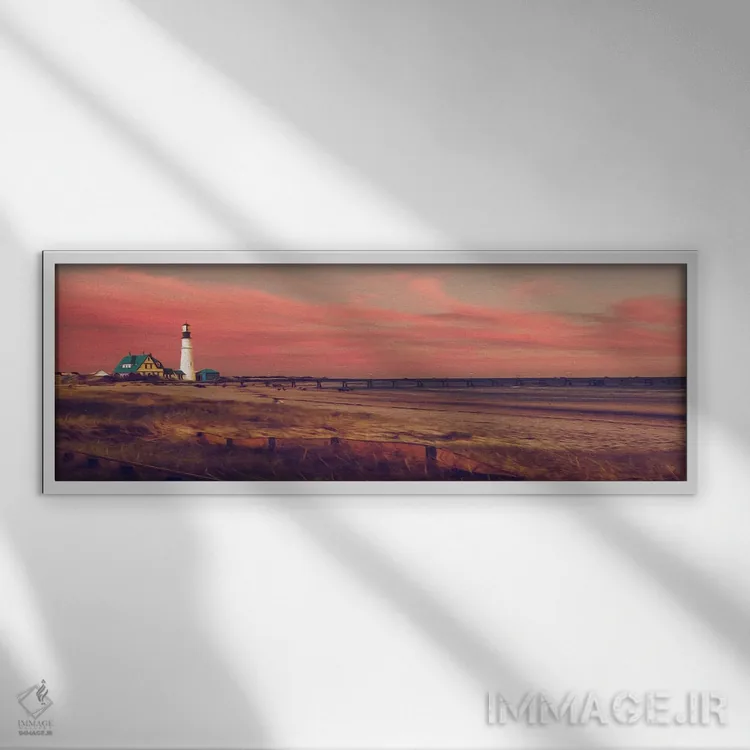 تابلو روستای کوچکی با فانوس دریایی روی اقیانوس اثر ایوجنیا بیدیوک - نمای قابدار سفید
