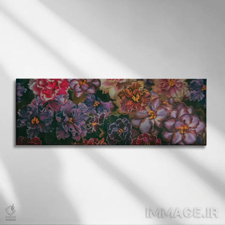 تابلو بنفشههای متنوع اثر ایوجنیا بیدیوک - نمای روبهرو روی دیوار