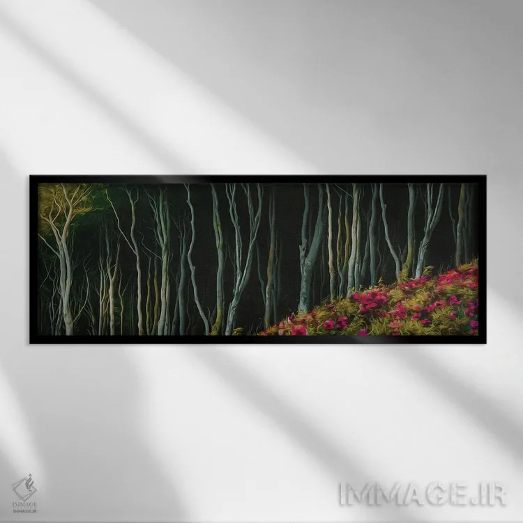 تابلو چمنزار گل در لبه جنگل اثر ایوجنیا بیدیوک - نمای قابدار مشکی