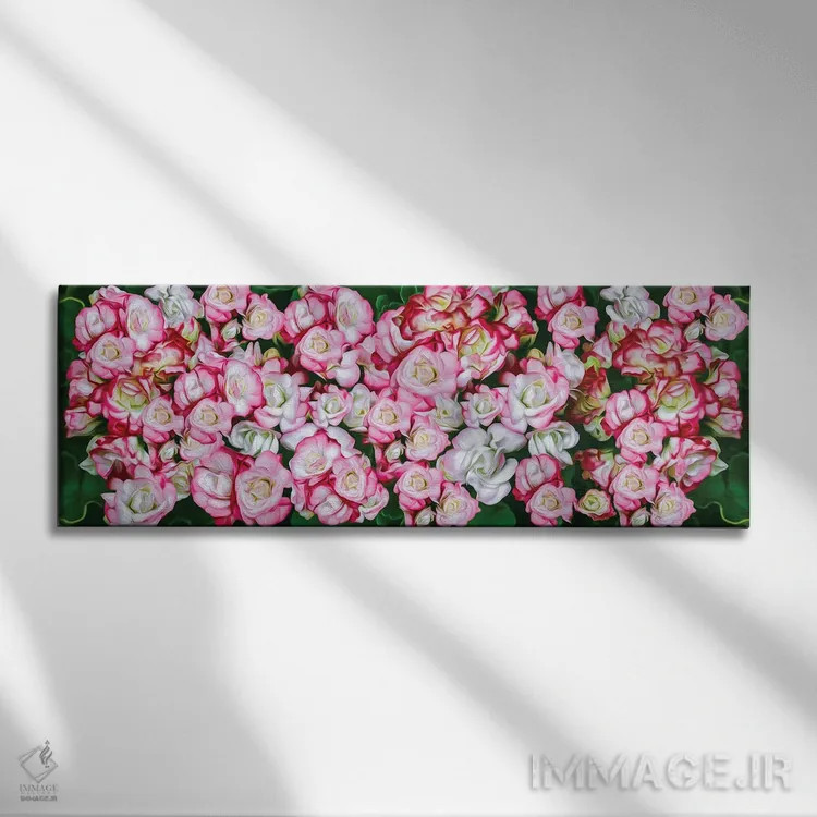 تابلو پسزمینه گلهای رز صورتی و سفید اثر ایوجنیا بیدیوک - نمای روبهرو روی دیوار