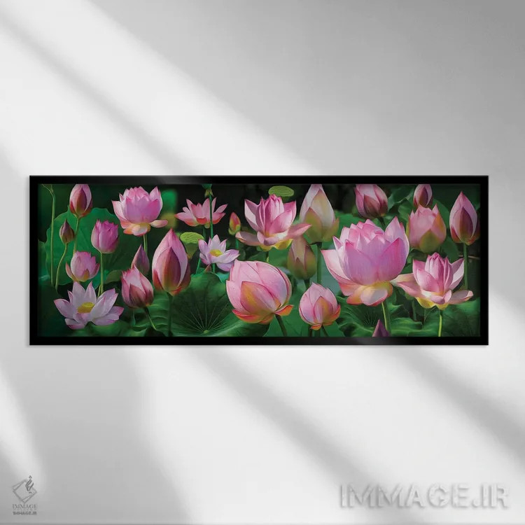 تابلو پسزمینه افقی گلهای نیلوفر آبی اثر ایوجنیا بیدیوک - نمای قابدار مشکی