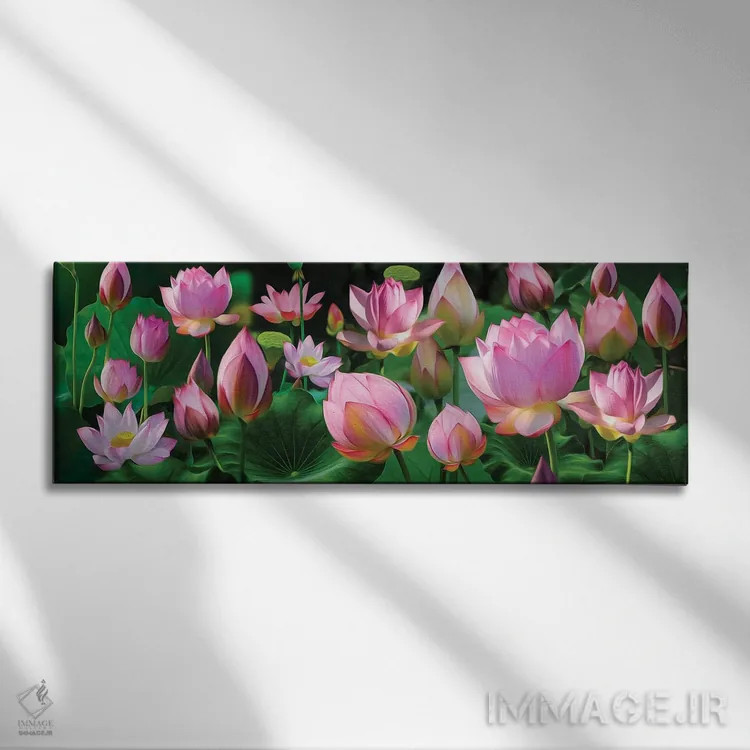 تابلو پسزمینه افقی گلهای نیلوفر آبی اثر ایوجنیا بیدیوک - نمای روبهرو روی دیوار