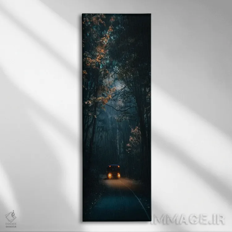 تابلو اتوبوس شبانه در جاده جنگلی اثر ایوجنیا بیدیوک - نمای روبهرو روی دیوار