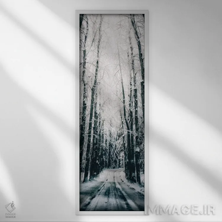 تابلو جادهای در جنگل زمستانی اثر ایوجنیا بیدیوک - نمای قابدار سفید