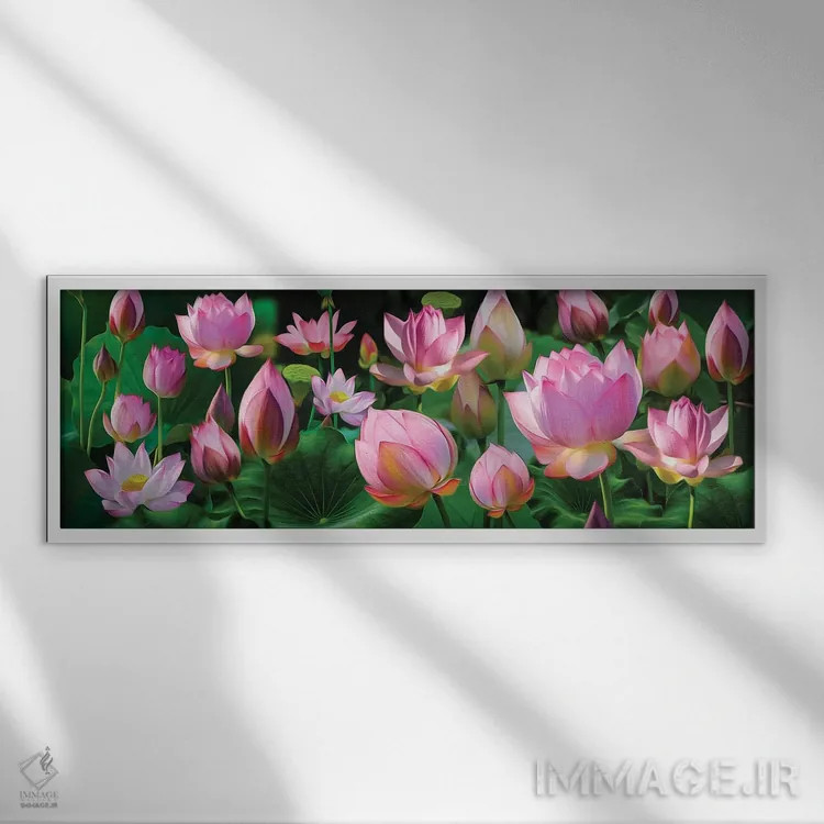 تابلو پسزمینه افقی گلهای نیلوفر آبی اثر ایوجنیا بیدیوک - نمای قابدار سفید