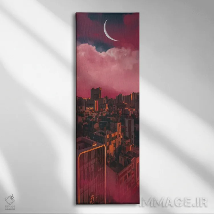 تابلو شهری در میان ابرهای صورتی اثر ایوجنیا بیدیوک - نمای روبهرو روی دیوار