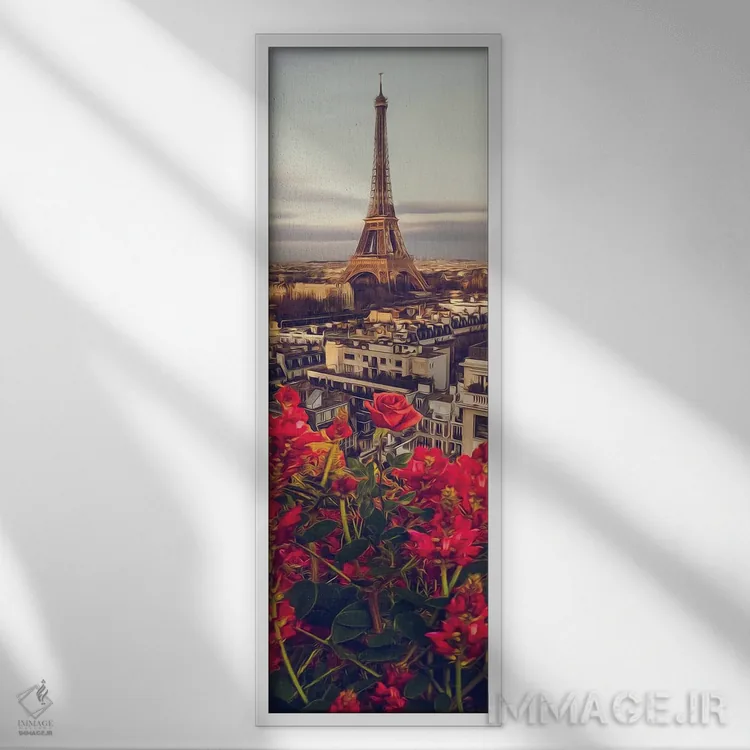 تابلو گلهای بالکن بر پسزمینه پاریس اثر ایوجنیا بیدیوک - نمای قابدار سفید