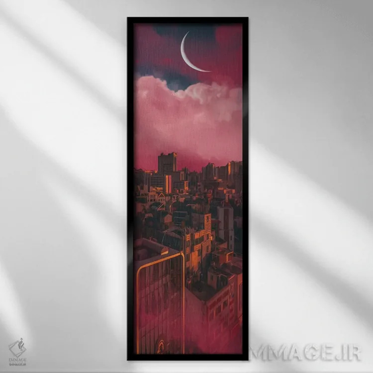 تابلو شهری در میان ابرهای صورتی اثر ایوجنیا بیدیوک - نمای قابدار مشکی