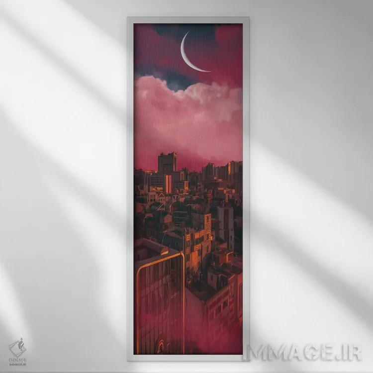 تابلو شهری در میان ابرهای صورتی اثر ایوجنیا بیدیوک - نمای قابدار سفید