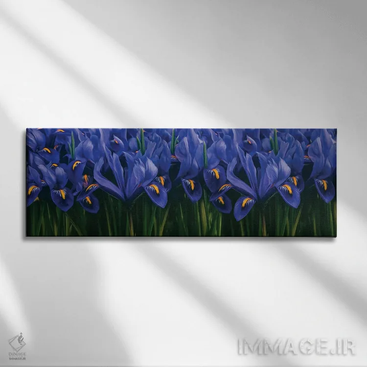 تابلو پسزمینه زنبقهای آبی اثر ایوجنیا بیدیوک - نمای روبهرو روی دیوار