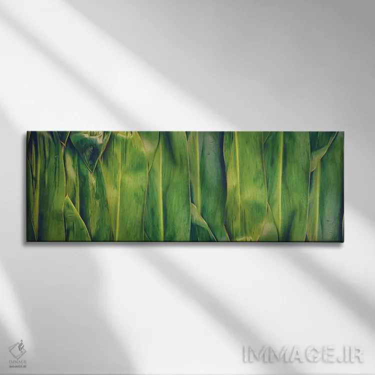 تابلو پسزمینهٔ برگ موز با طیف سبز-زرد اثر ایوجنیا بیدیوک - نمای روبهرو روی دیوار