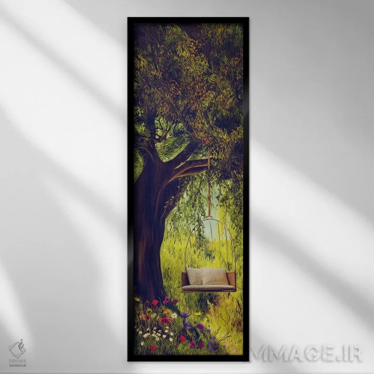 تابلو تاب با بالش روی درخت بزرگ اثر ایوجنیا بیدیوک - نمای قابدار مشکی