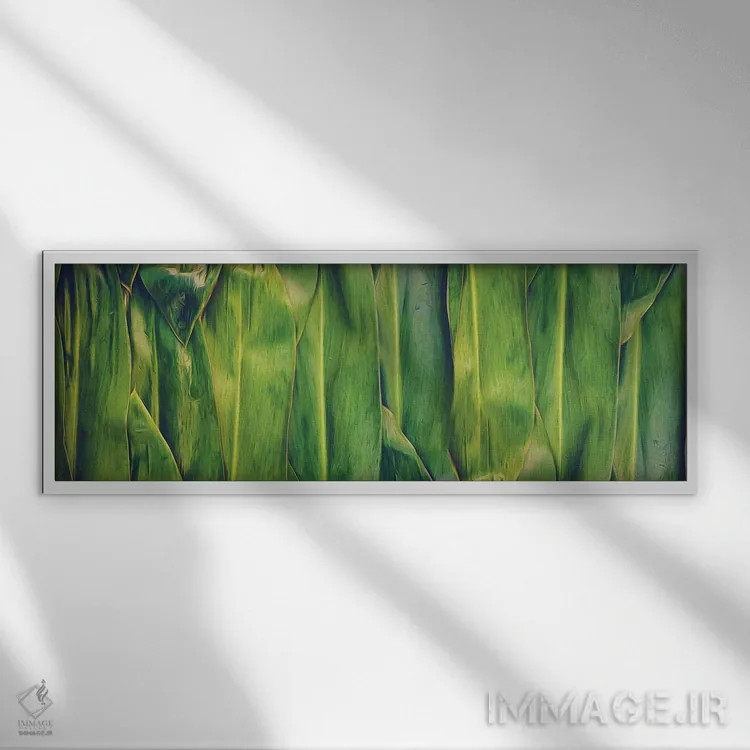 تابلو پسزمینهٔ برگ موز با طیف سبز-زرد اثر ایوجنیا بیدیوک - نمای قابدار سفید